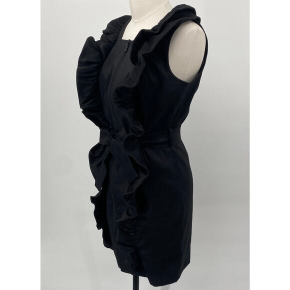 Samuel Dong Mini Dress Front Zipper Moldable Ruffled Belted Taffeta Black Small - Picture 6 of 11
